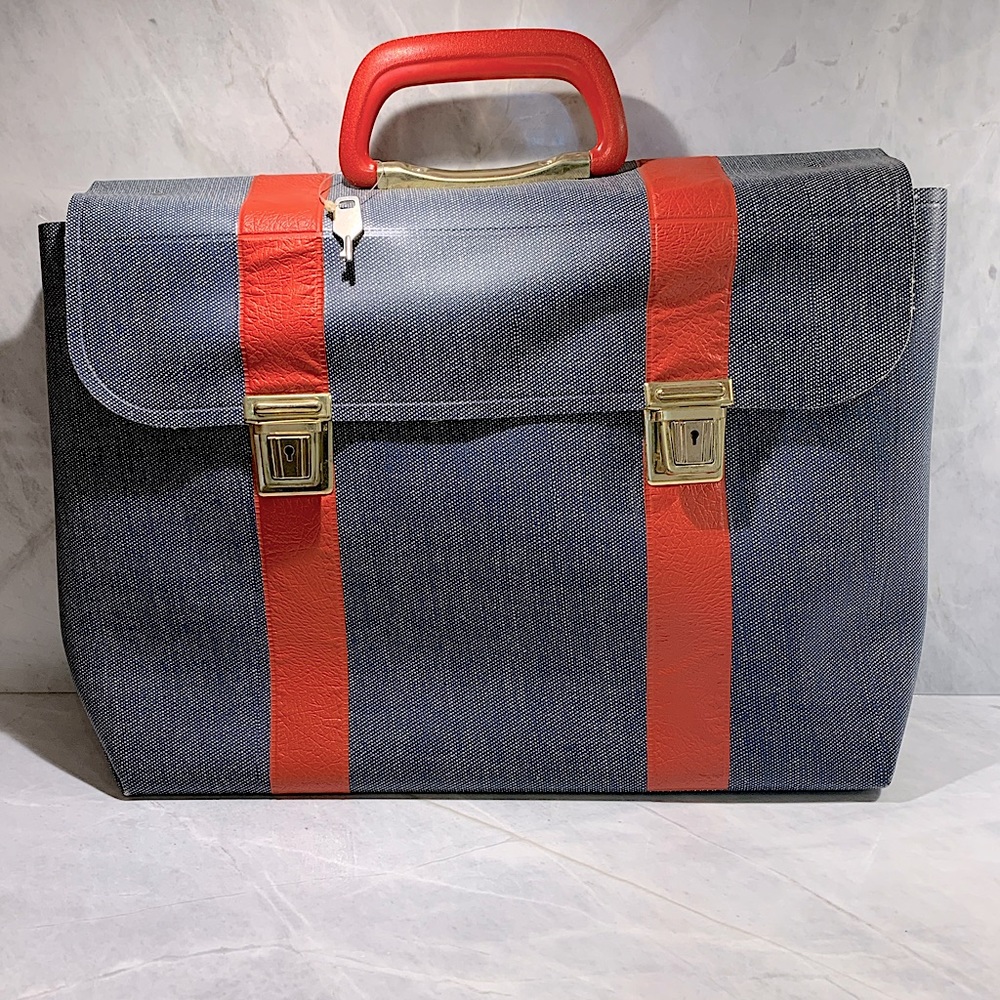 Vintage vinyl denim briefcase with red handle and details comes with key